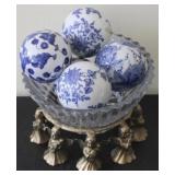 5 pc. Blue/White Ceramic Ball w/ Crystal Bowl