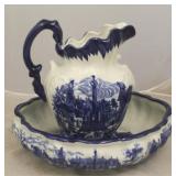 Blue & white transferware washbowl & pitcher set