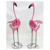 Pair metal garden flamingo planters