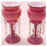 Pair of cased cranberry glass mantle lustres
