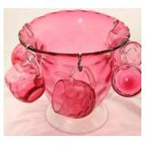 Blown cranberry punch bowl with 5 cups