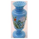 Hand painted blue Bristol glass vase