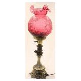 Tall Fenton cranberry globe lamp