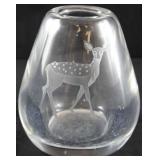 Very heavy art glass vase etched with deer