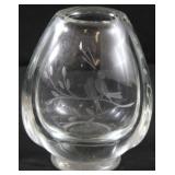 Heavy art glass vase with etched birds