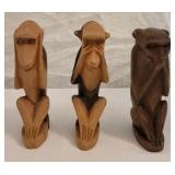 3 Wood Carved Monkey Figurines