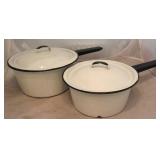 2 Black rim enamel pots with lids