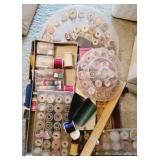 Box lot of vintage sewing items & thread