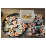 Group Lot of Thread, thimbles, old tin & more