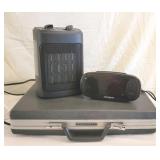 Heater, Samsonite Briefcase & Clock Radio