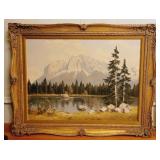 Oil on Canvas Painting w/lake & mtns/artist signed