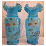 Pair Hand Painted Blue Bristol Glass Vases