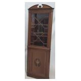 English urn inlaid corner cabinet, 2 part