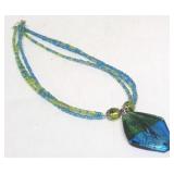 Blue Beaded Necklace w/ Glass Pendant - 17" long