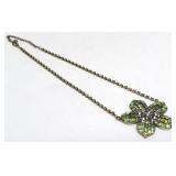 Green Rhinestone Necklace w/ Flower Pendant