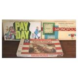 3 Vintage Board Games, Monopoly, Skirmish, Pay Day