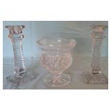Pair etched crystal candleholders & compote