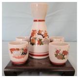 Sake set on wood stand, 6.5 tall