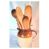 Stoneware crock w/ Utensils