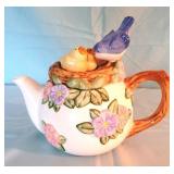 Teapot with birds, 7.5" tall
