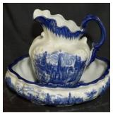 Blue & white porcelain washbowl & pitcher