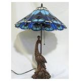 Stained glass lamp, peacock base, 27"