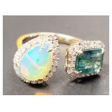 14kt Gold Opal, Emerald Beryl & Diamond Ring