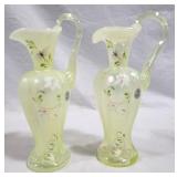 Pair Fenton topaz / vaseline Lily Trail ewers