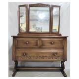 English carved oak triple mirror dresser