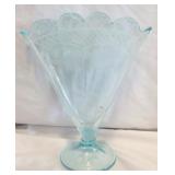 Aquamarine etched fan vase, 9" tall