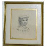 Framed artist signed portrait sketch 11 x 10