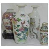 4 Oriental Style Vases & one wood stand