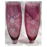 2 Cranberry Etched Glass Vases