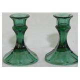 Pair green glass candlesticks, 4.5"