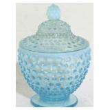 Fenton opalescent blue hobnail covered jar