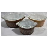 3 Pyrex Woodland covered dishes