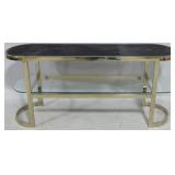 Oval brass console with hide top, glass shelf
