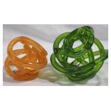 Pair of Orange/Green Three Hands Glass Sculptures