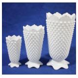 3 Hobnail Milk Glass Vases, 9 & 7 & 5" tall