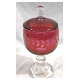 Cranberry/Clear Glass Compote w/ Lid - 11" tall