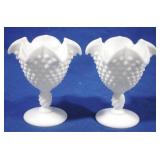 2 Milk Glass Hobnail Footed Bowls - 5.5" tall