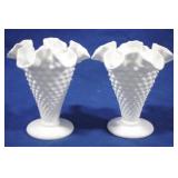 2 Milk Glass Hobnail Ruffled Top Vases, 5.75" tall