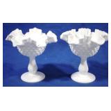 2 Milk Glass Hobnail Footed Bowls - 6" tall