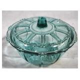 Blue Glass Dish w/ Lid - 7" round