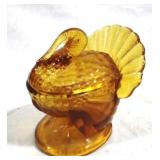 Amber Glass Turkey Dish w/ lid -6.5 x 6 x 6