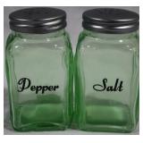 Green Glass Salt and Pepper Shakers 4" tall