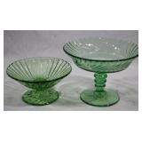 2 Green Glass Compotes - 4.5 & 3.5" tall