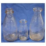3 Glass Milk Bottles, 9", 9" & 5.5" tall