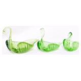 3 Green Glass Swan Bowls