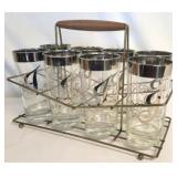 Set of 8 Silver Rimmed MCM Glasses w/ Caddy